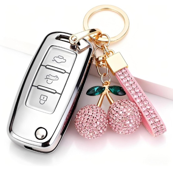 Pink Cherry Rhinestone Bling Keychain Accessory Bag Charm - Picture 5 of 7